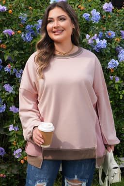 image-Light Pink Plus Color Block Waffle Sweatshirt