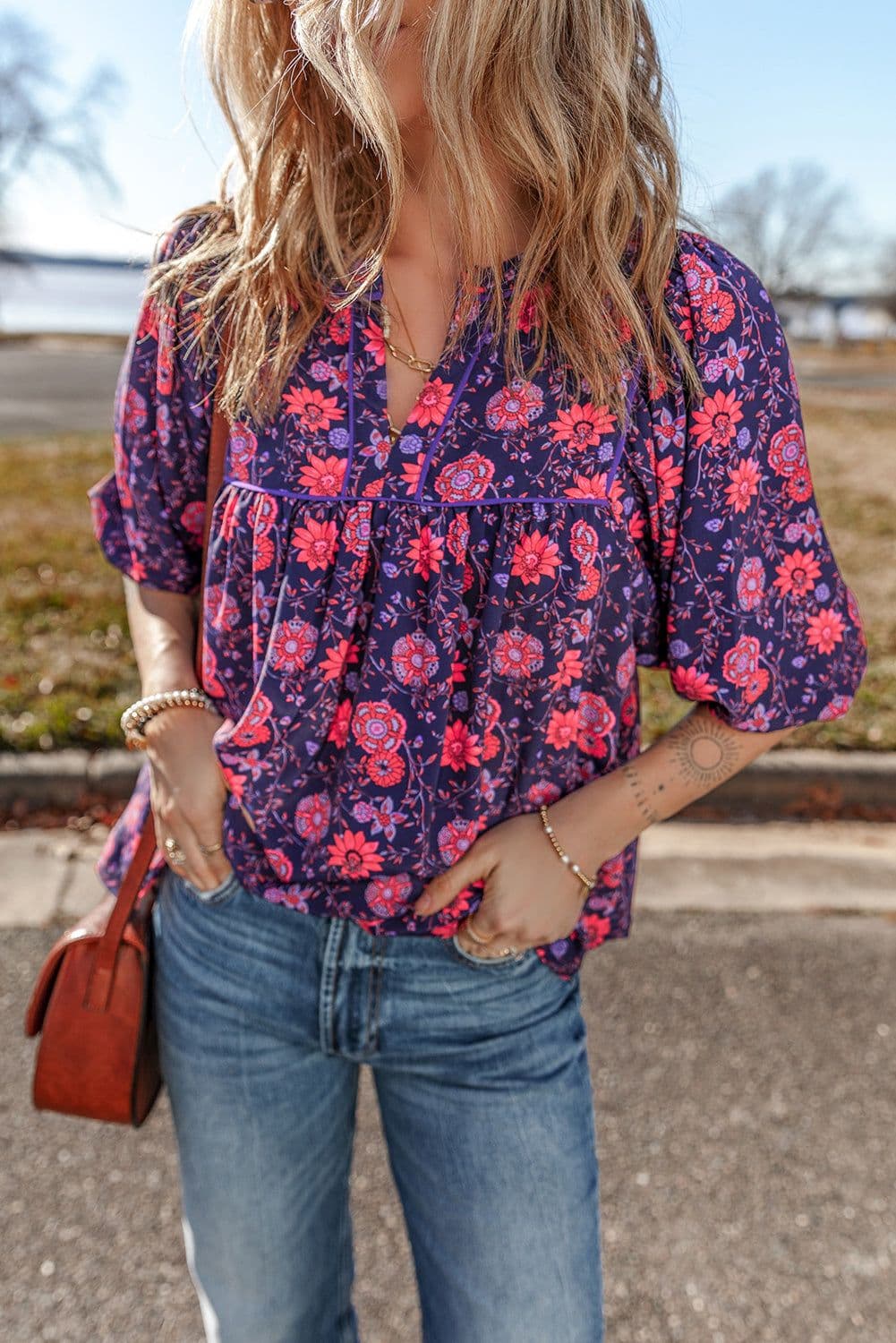 image-Floral Half Sleeve Split Neck Blouse Top - Purple