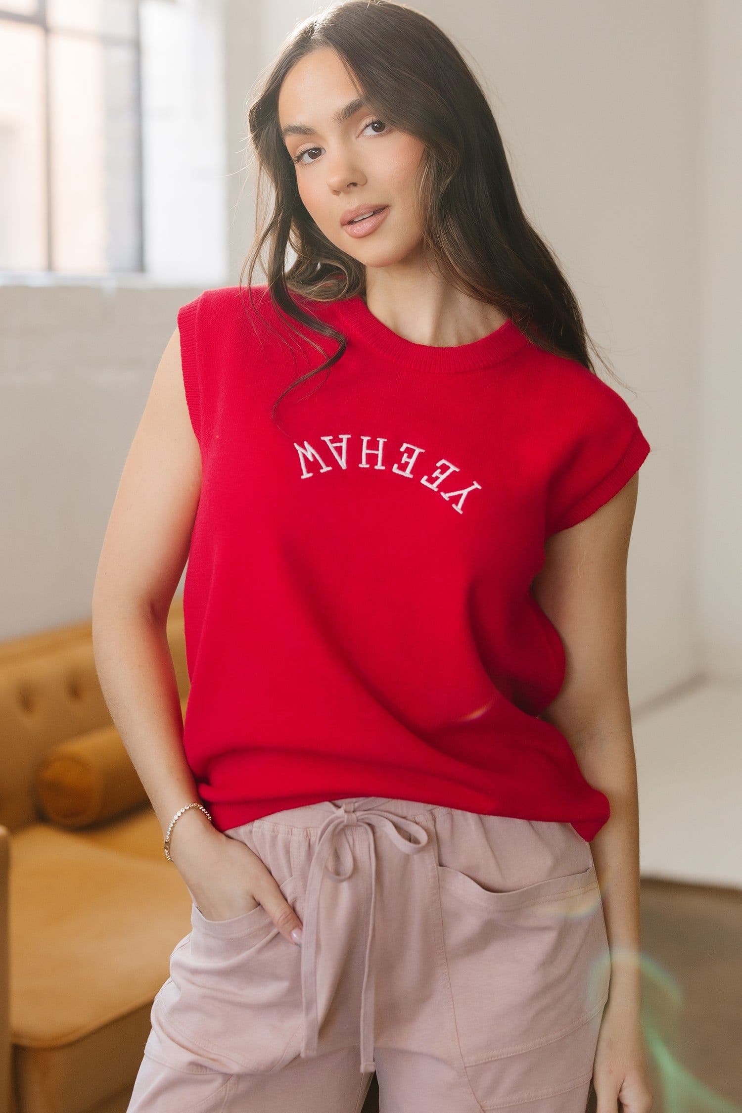 image-Fiery Red YEEHAW Embroidered Letter Loose Short Sleeve Sweater