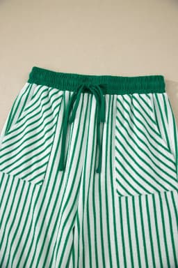 image-Khaki Stripe Crew Neck Tee Drawstring Waist Cropped Pants Set