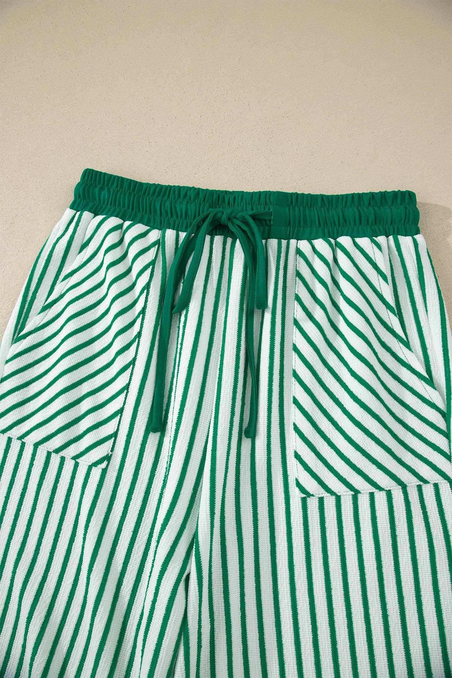 image-Khaki Stripe Crew Neck Tee Drawstring Waist Cropped Pants Set