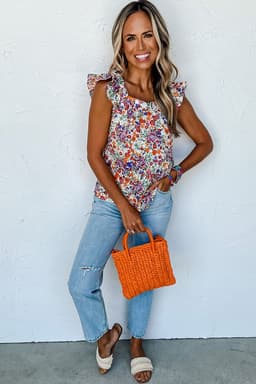 image-Rose Red Floral Square Neck Flutter Tank Top
