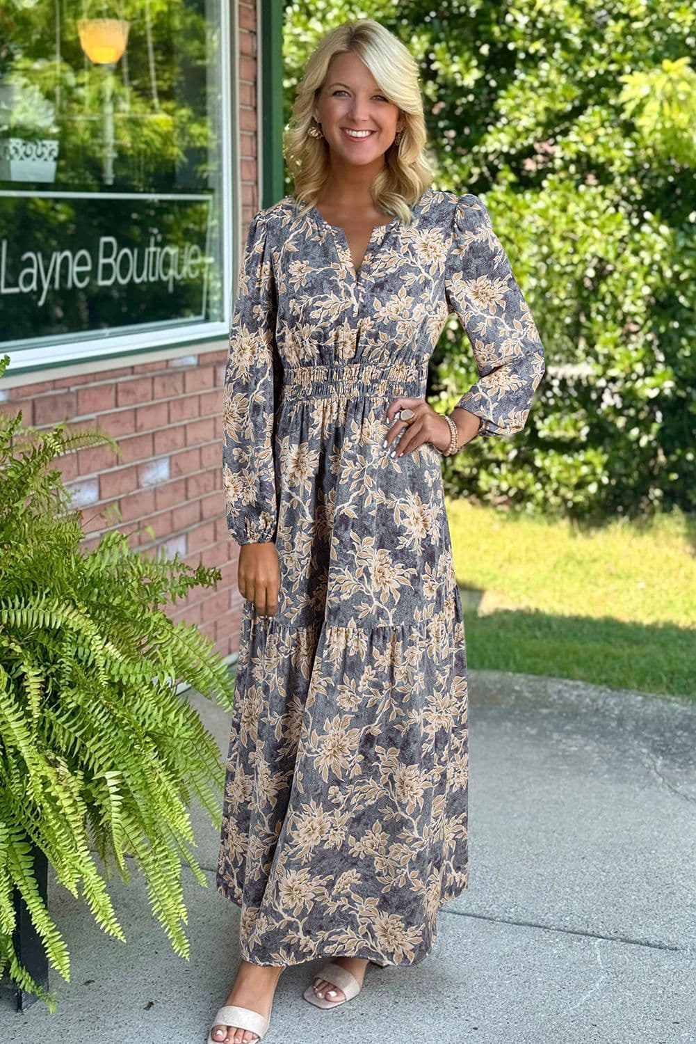 image-Sky Blue Floral Smocked High Waist Maxi Dress