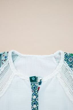 image-White Mesh Patched Color Block Half Button Blouse