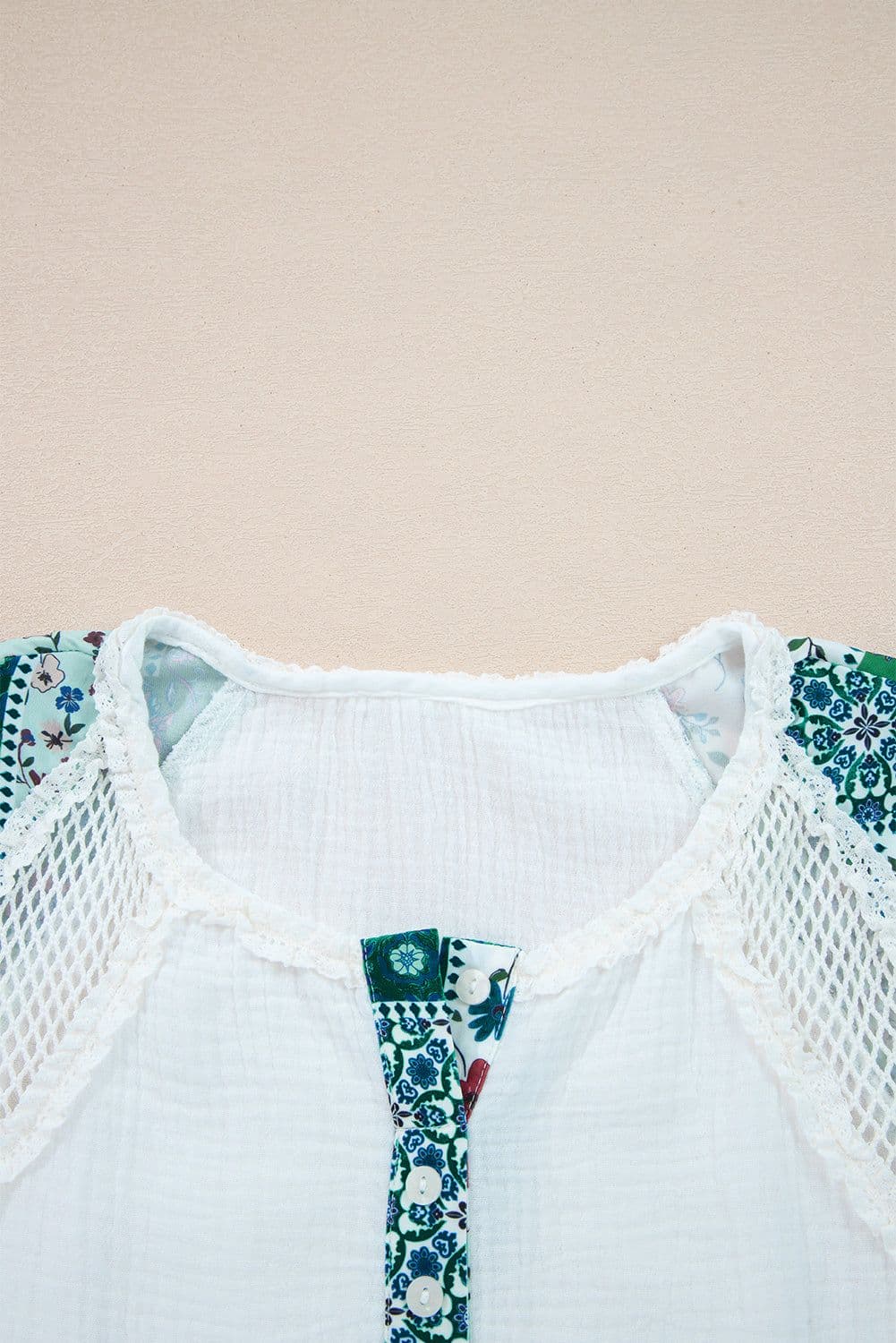 image-White Mesh Patched Color Block Half Button Blouse