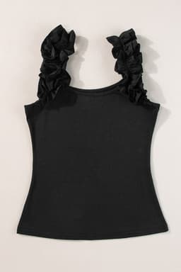 image-Black Ruffled Wide Straps Slim Tank Top