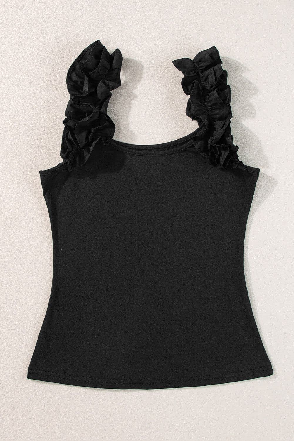 image-Black Ruffled Wide Straps Slim Tank Top