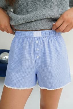 image-Sky Blue Gingham Boxer Shorts Lace Trim