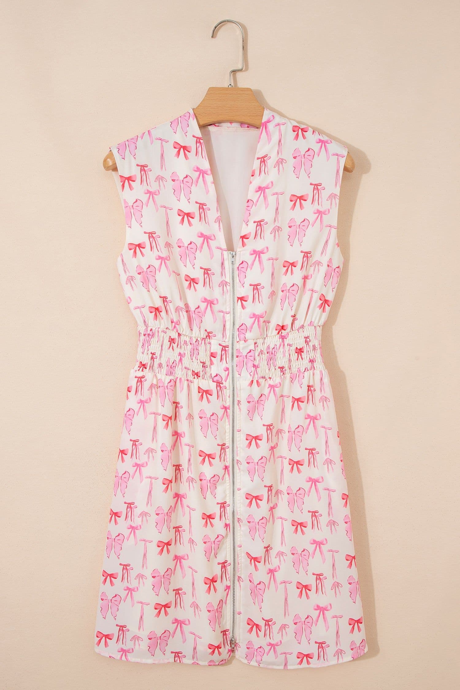 image-Pink Full Zip Cinched Waist Sleeveless Bow Mini Dress