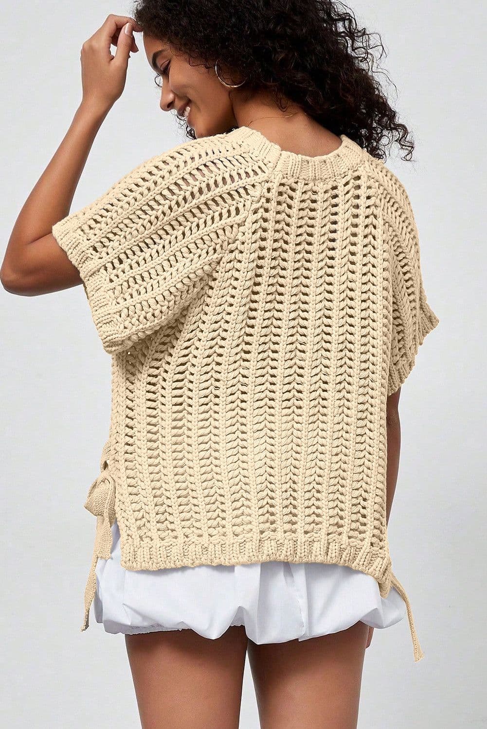 image-Pink Plus Size Open Knit Bow Tie Short Sleeve Sweater