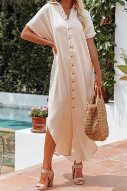 image-Apricot Crinkled Buttons Maxi Beach Dress with Slits