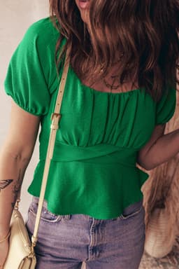 image-Dark Green Peplum Top - Ruched Waist Tied Back