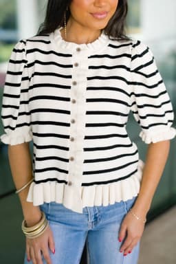 image-Stripped Beige Stripe Knit Short Sleeve Sweater Cardigan