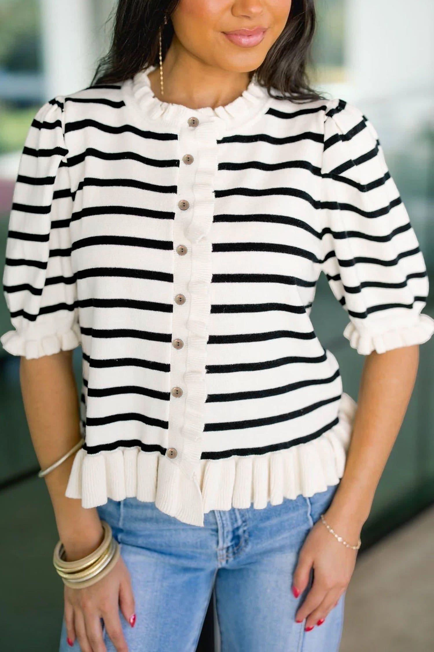 image-Stripped Beige Stripe Knit Short Sleeve Sweater Cardigan