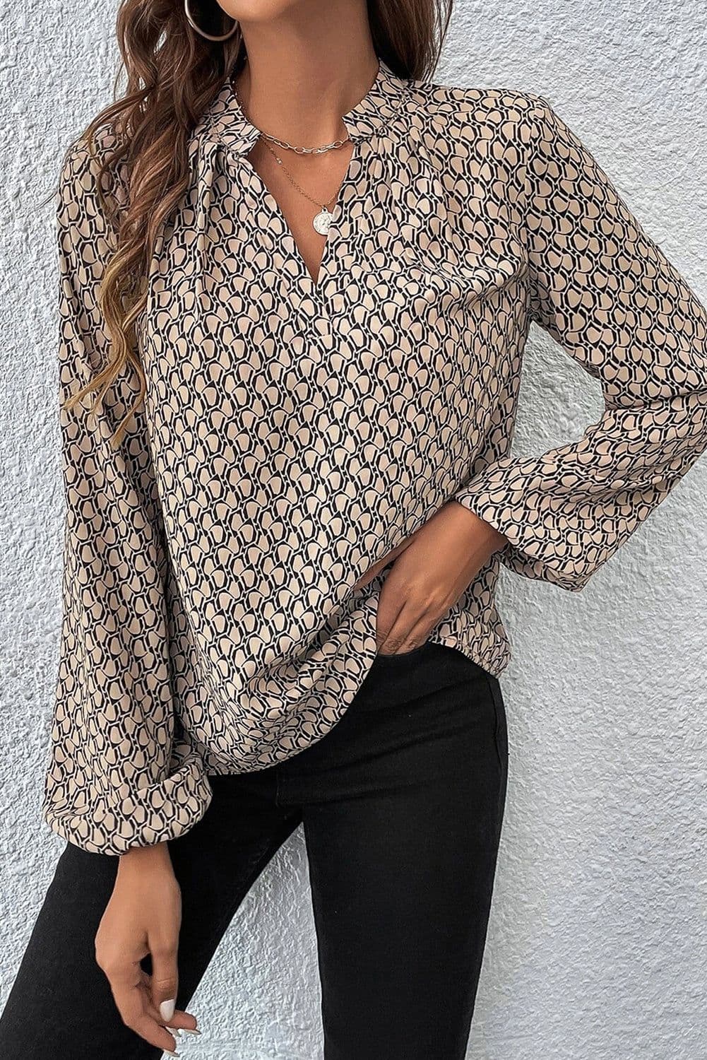 image-Geometric Print Notched Neck Puff Sleeve Blouse - Khaki