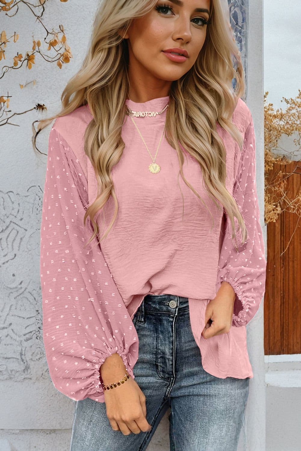 image-Gossamer Pink Swiss Dot Balloon Sleeve Blouse - Elegant & Romantic Design