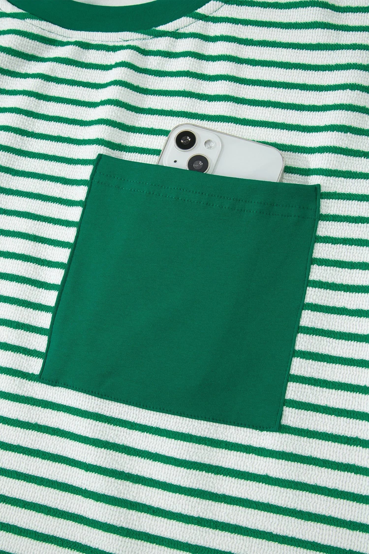 image-Khaki Stripe Crew Neck Tee Drawstring Waist Cropped Pants Set