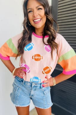 image-Rugby Chenille Embroidered Color Block T-Shirt - Pink