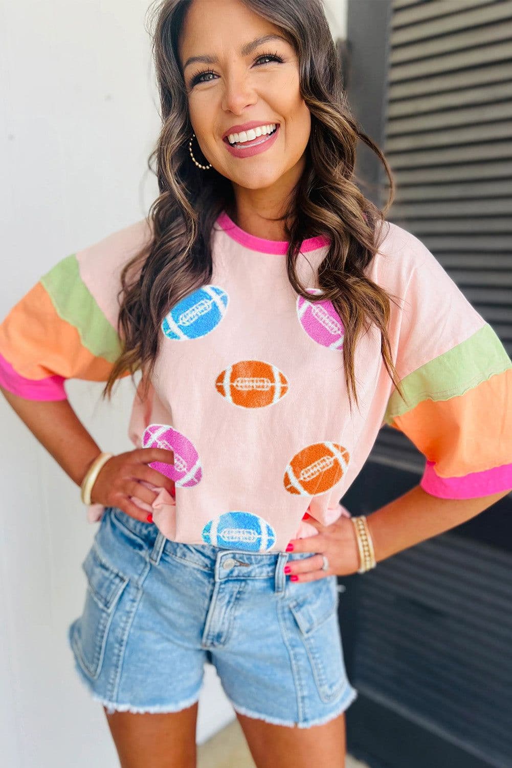 image-Rugby Chenille Embroidered Color Block T-Shirt - Pink
