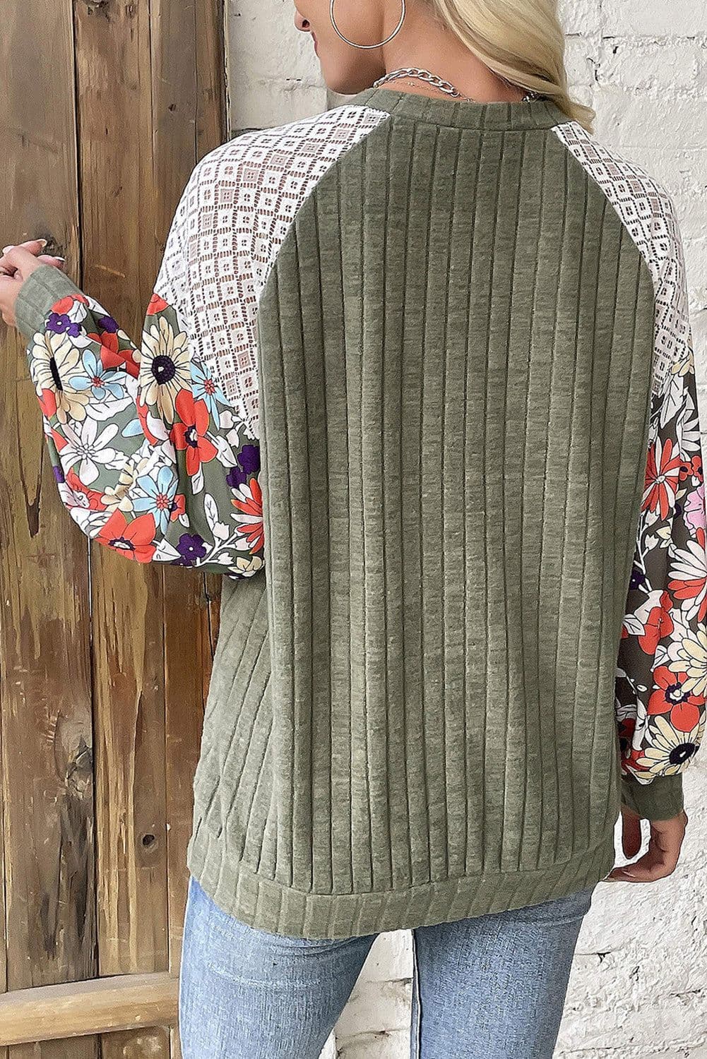 image-Laurel Green Floral Patchwork Long Sleeve Ribbed Blouse