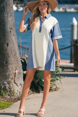 image-Light Grey Denim Color Block Patchwork Button Polo Collar T Shirt Tunic Dress