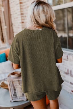 image-Orange Ribbed Textured Knit Loose Fit Tee and Shorts Set