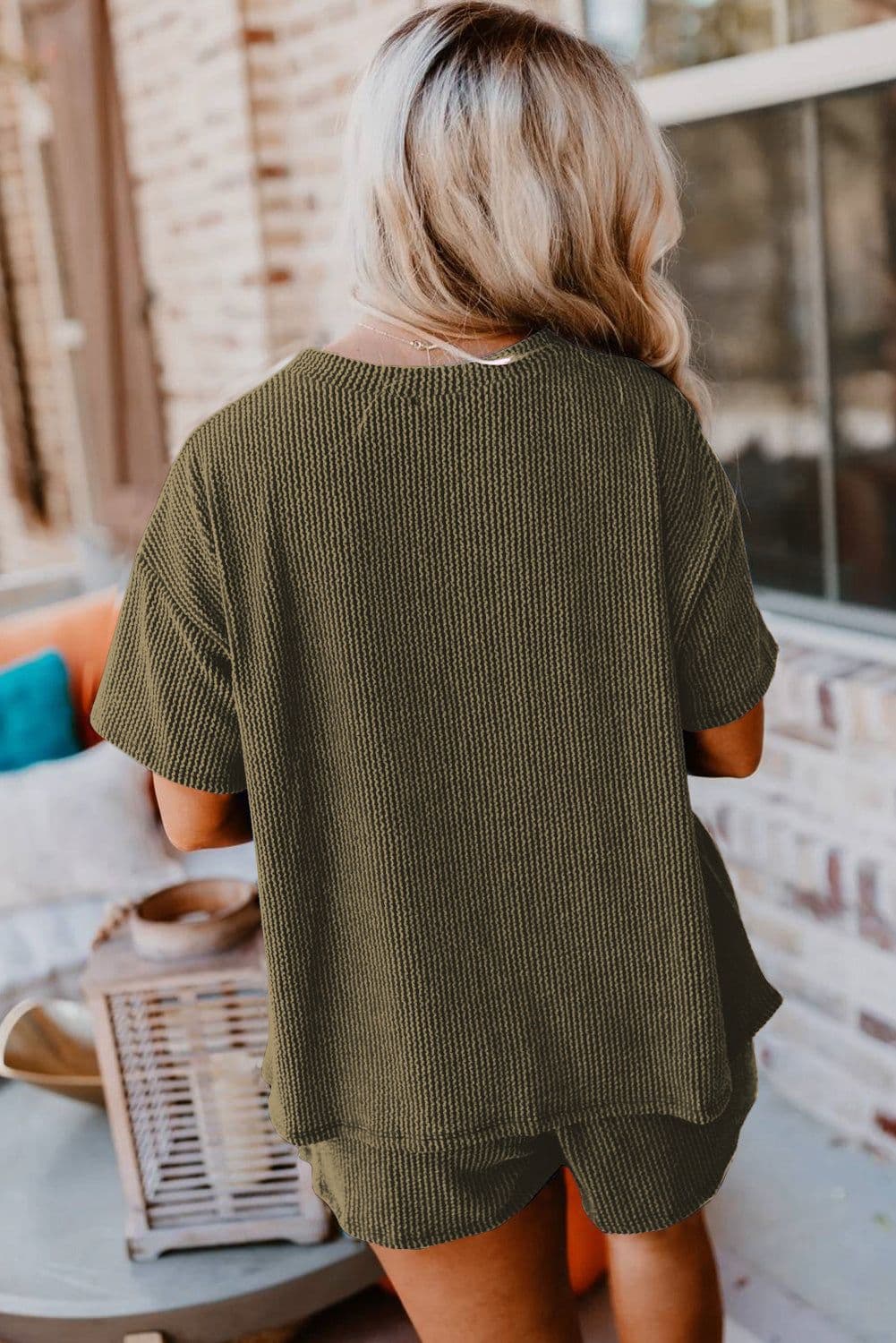 image-Orange Ribbed Textured Knit Loose Fit Tee and Shorts Set
