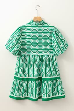 image-Bright Green Abstract Patterned V Neck Puff Short Sleeve Mini Dress