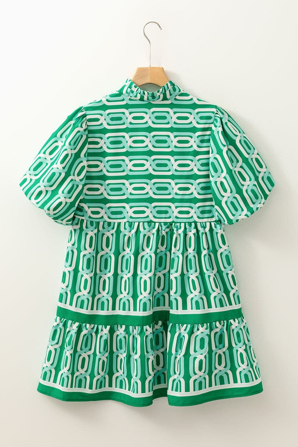 image-Bright Green Abstract Patterned V Neck Puff Short Sleeve Mini Dress