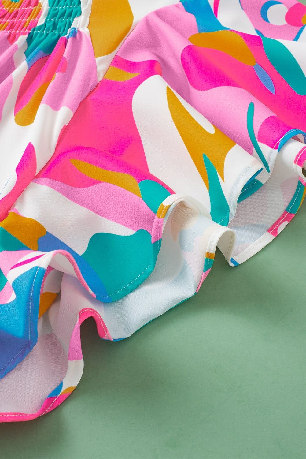 image-Abstract Print Notched Neck Flutter Sleeve Blouse - Multicolour