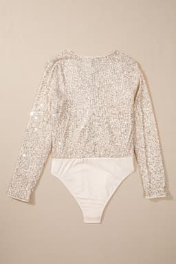 image-Beige Sequin Long Sleeve Wrap V Neck Bodysuit