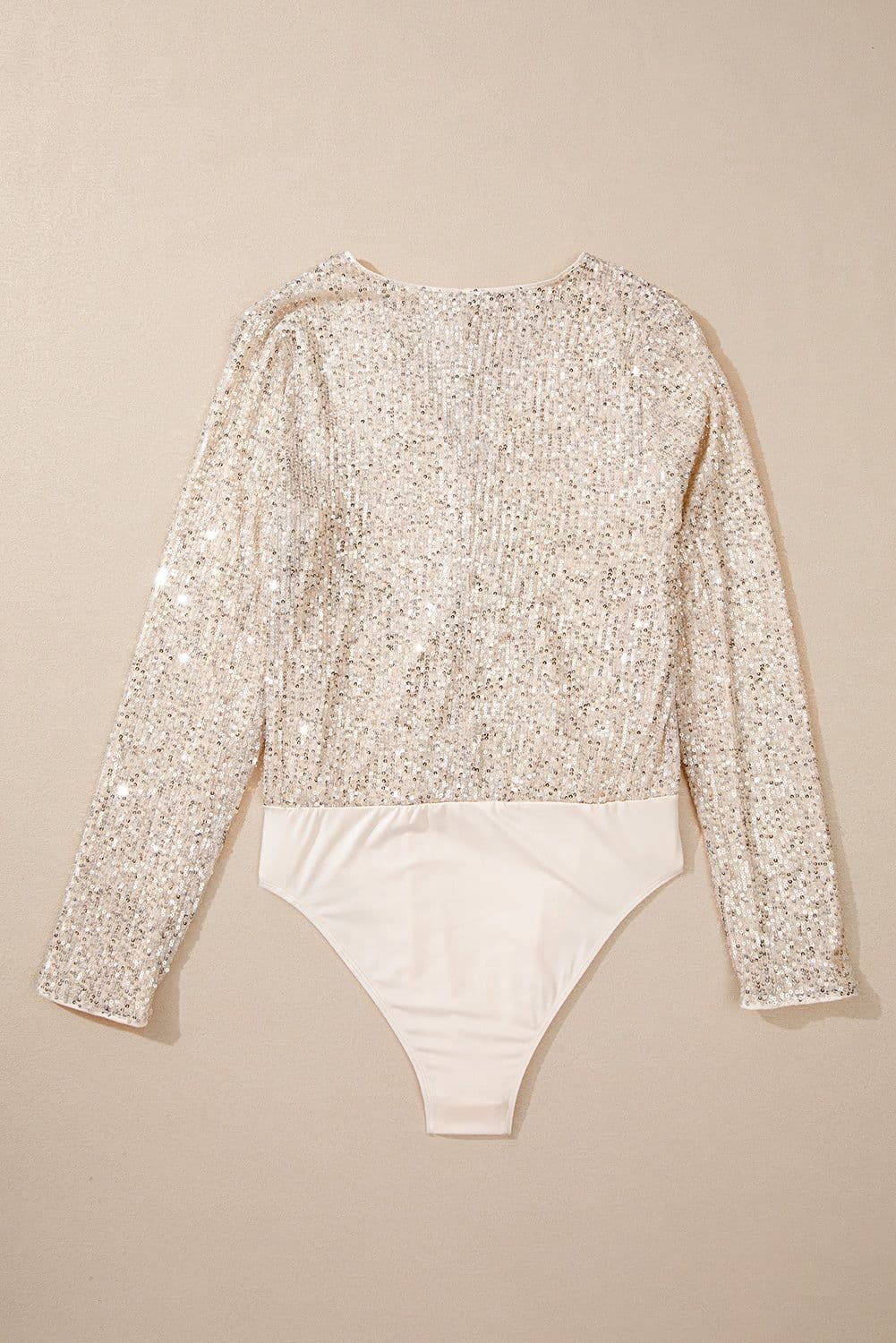 image-Beige Sequin Long Sleeve Wrap V Neck Bodysuit