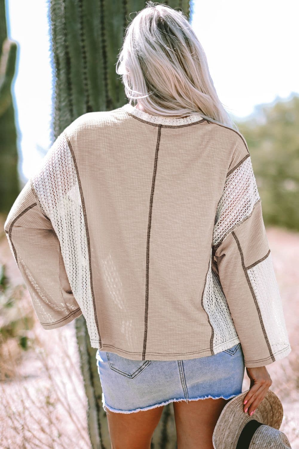 image-Crochet Detail High Low Top - Loose Fit, Vintage Style, Exposed Seam (59 characters)