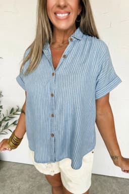 image-Sky Blue Stripe Short Sleeve Button Up Shirt