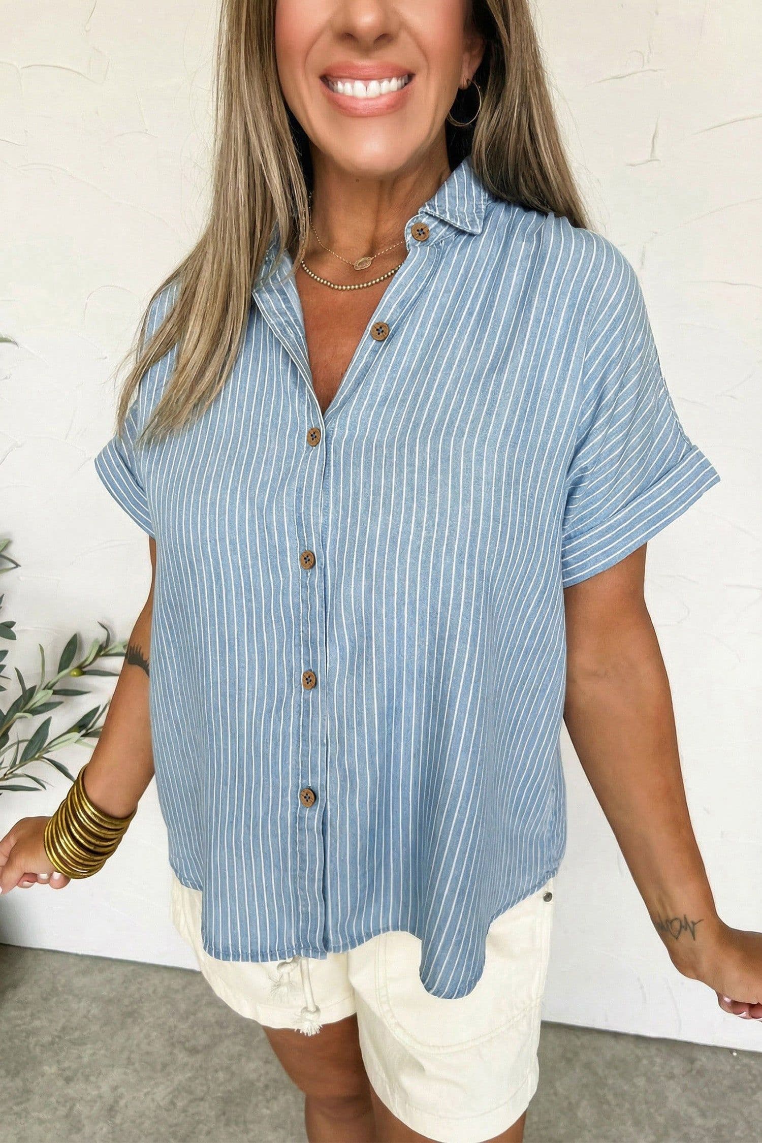 image-Sky Blue Stripe Short Sleeve Button Up Shirt