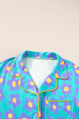 image-Green Flower Print Short Sleeve Pajamas Set