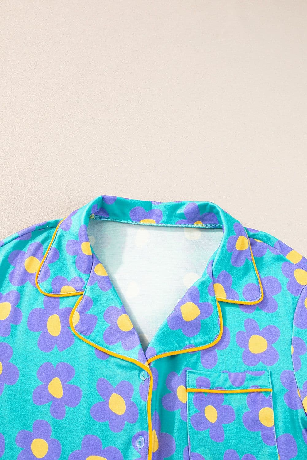 image-Green Flower Print Short Sleeve Pajamas Set