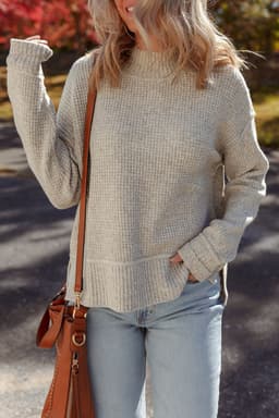 image-Gray Morn Waffle Knit High Neck Sweater - Drop Shoulder