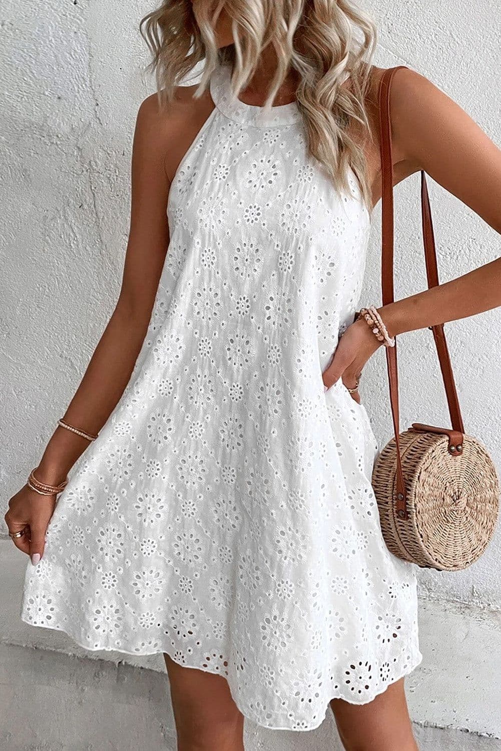image-White Boho Eyelet Halter Neck Sleeveless Dress
