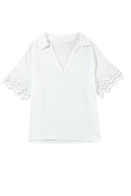 image-White Crinkled Lace Splicing V Neck Blouse