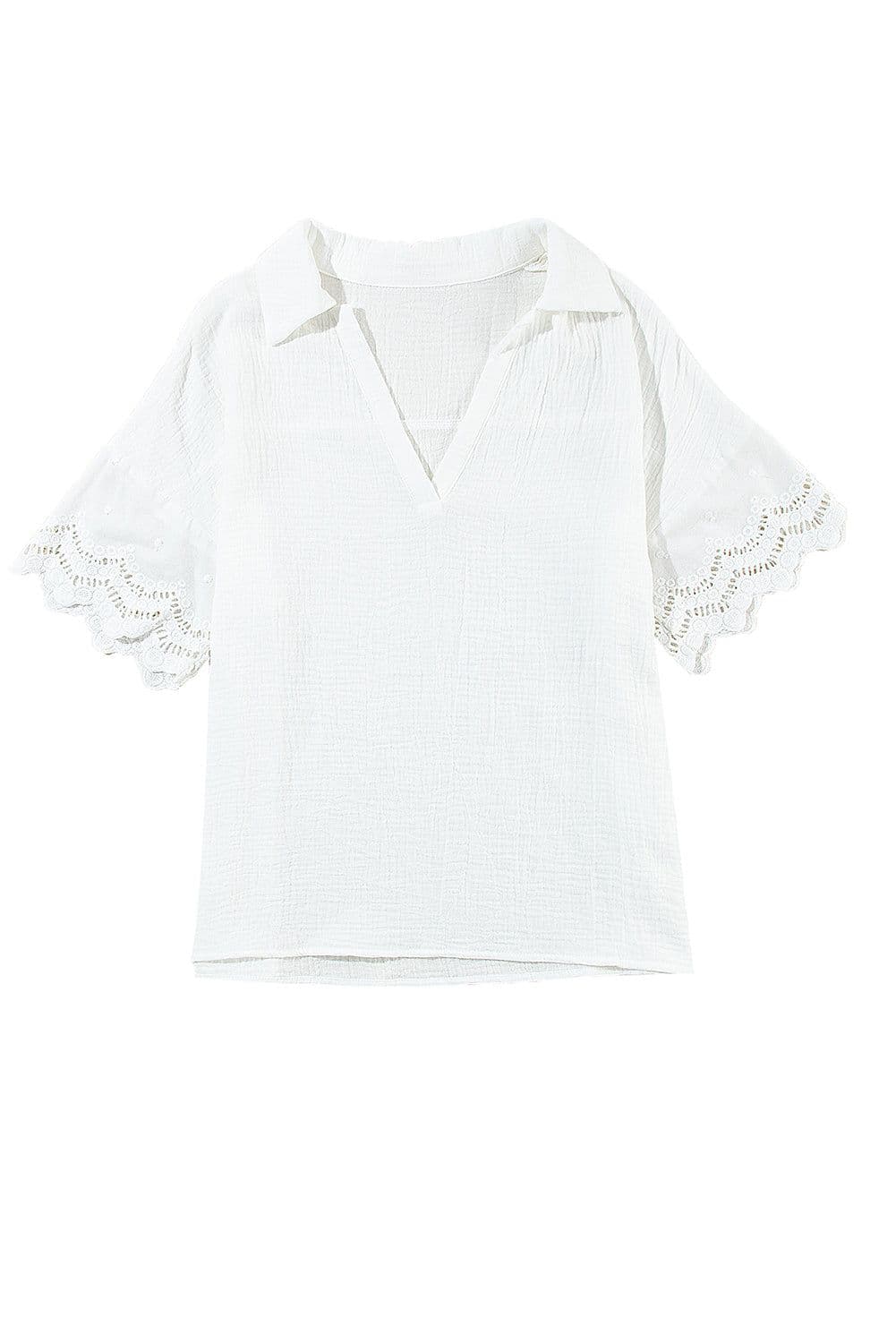 image-White Crinkled Lace Splicing V Neck Blouse