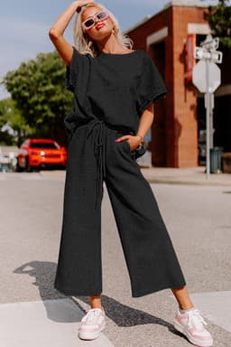 image-Strawberry Pink Textured Loose Fit T Shirt and Drawstring Pants Set