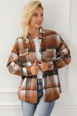 image-Shacket with Pink/Black Plaid Flap Pockets - Chic Style, Loose Fit (65 characters)
