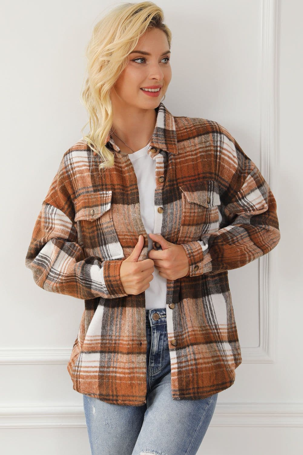 image-Shacket with Pink/Black Plaid Flap Pockets - Chic Style, Loose Fit (65 characters)