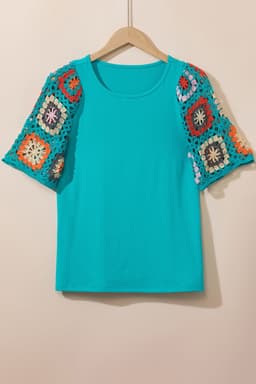 image-White Floral Crochet Top - Short Sleeve, Chic Round Neck, Relaxed Fit