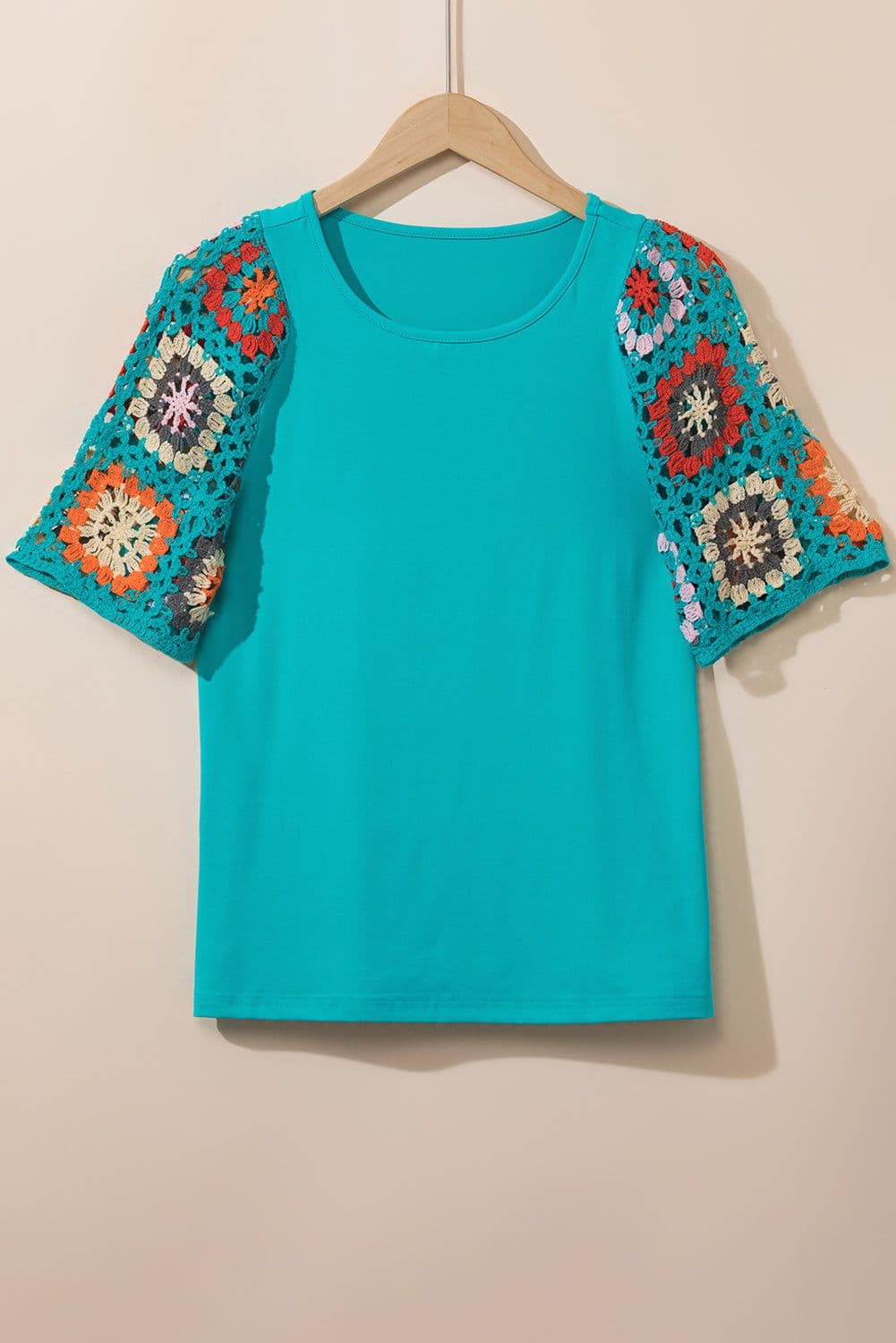 image-White Floral Crochet Top - Short Sleeve, Chic Round Neck, Relaxed Fit