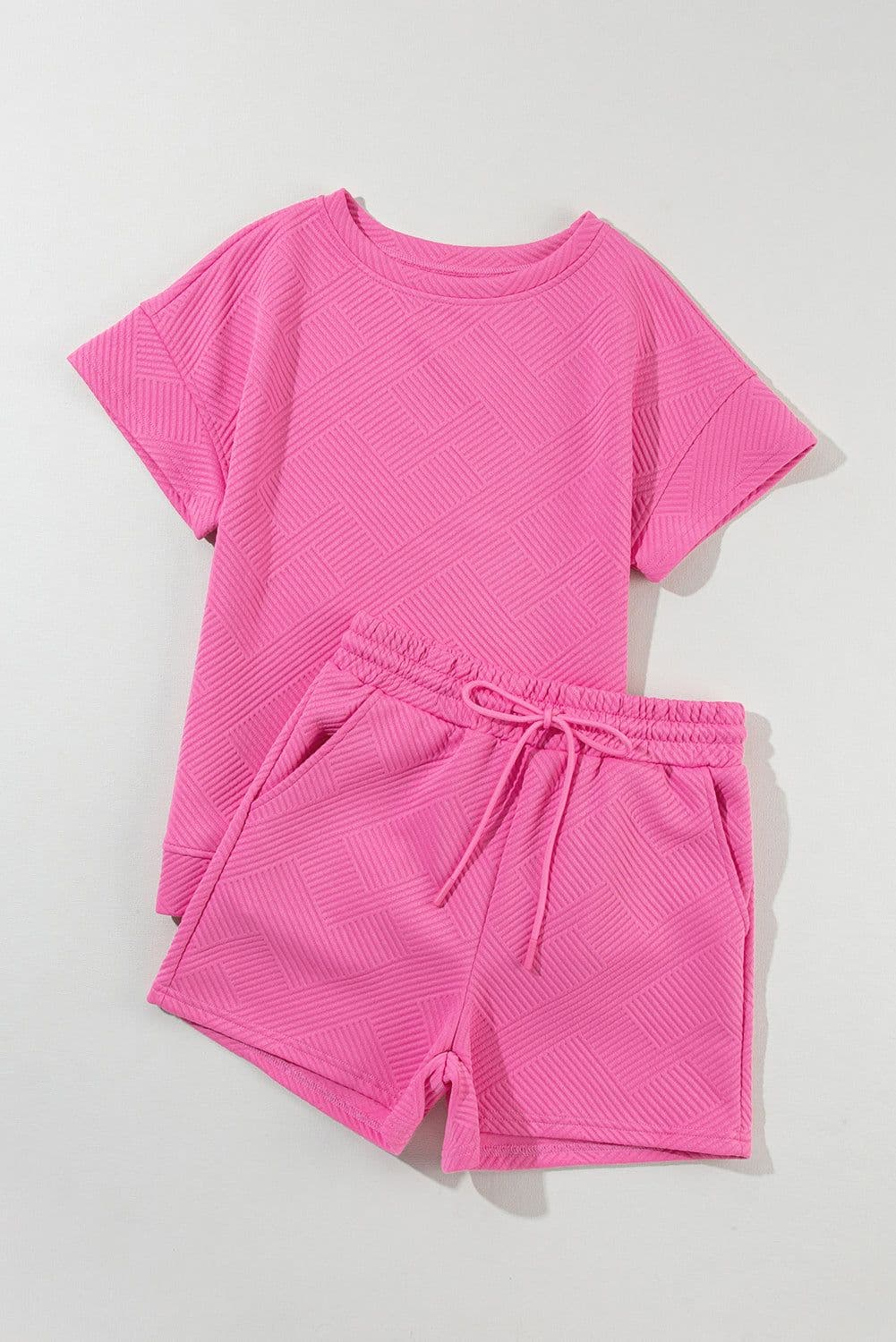 image-Strawberry Pink 2pcs Drawstring Shorts Set, Short Sleeve Top & Shorts