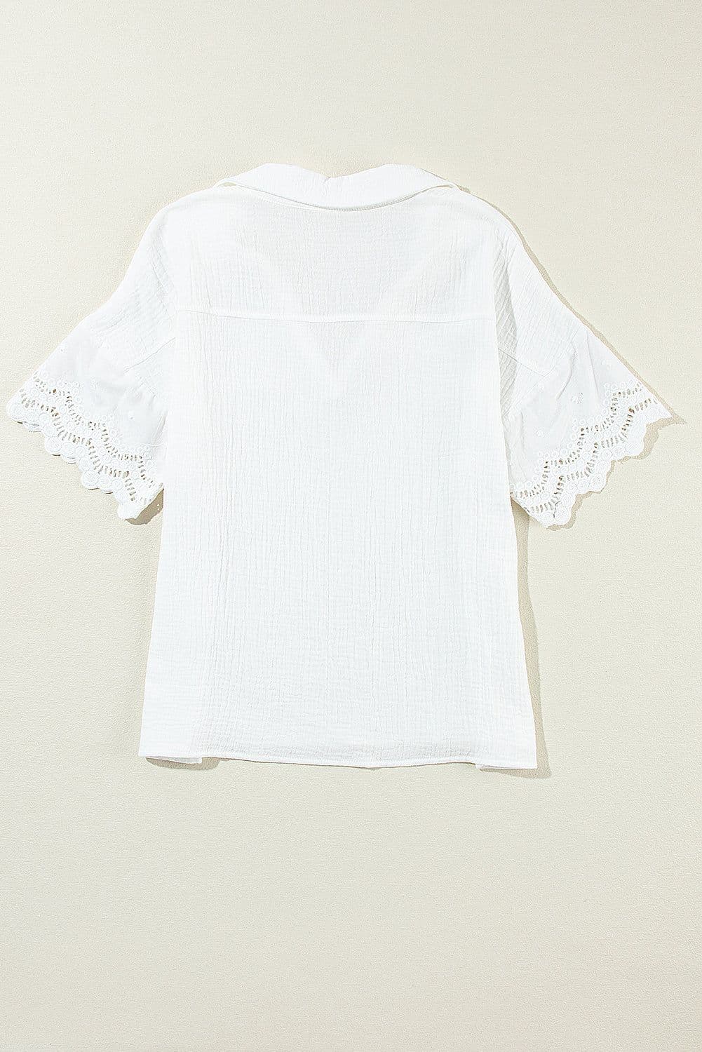 image-White Crinkled Lace Splicing V Neck Blouse