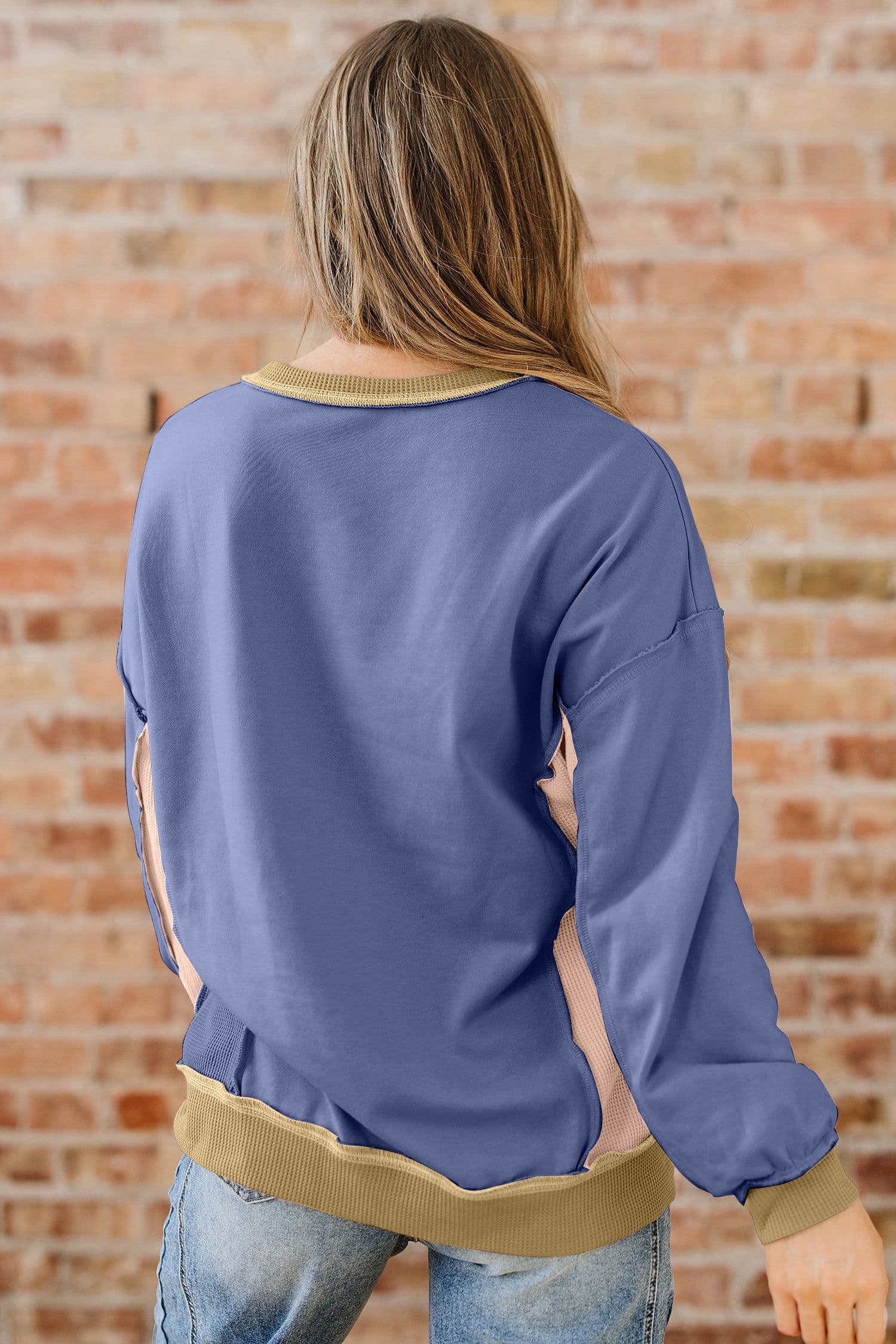image-Wild Wind Color Block Waffle Patchwork Sweatshirt
