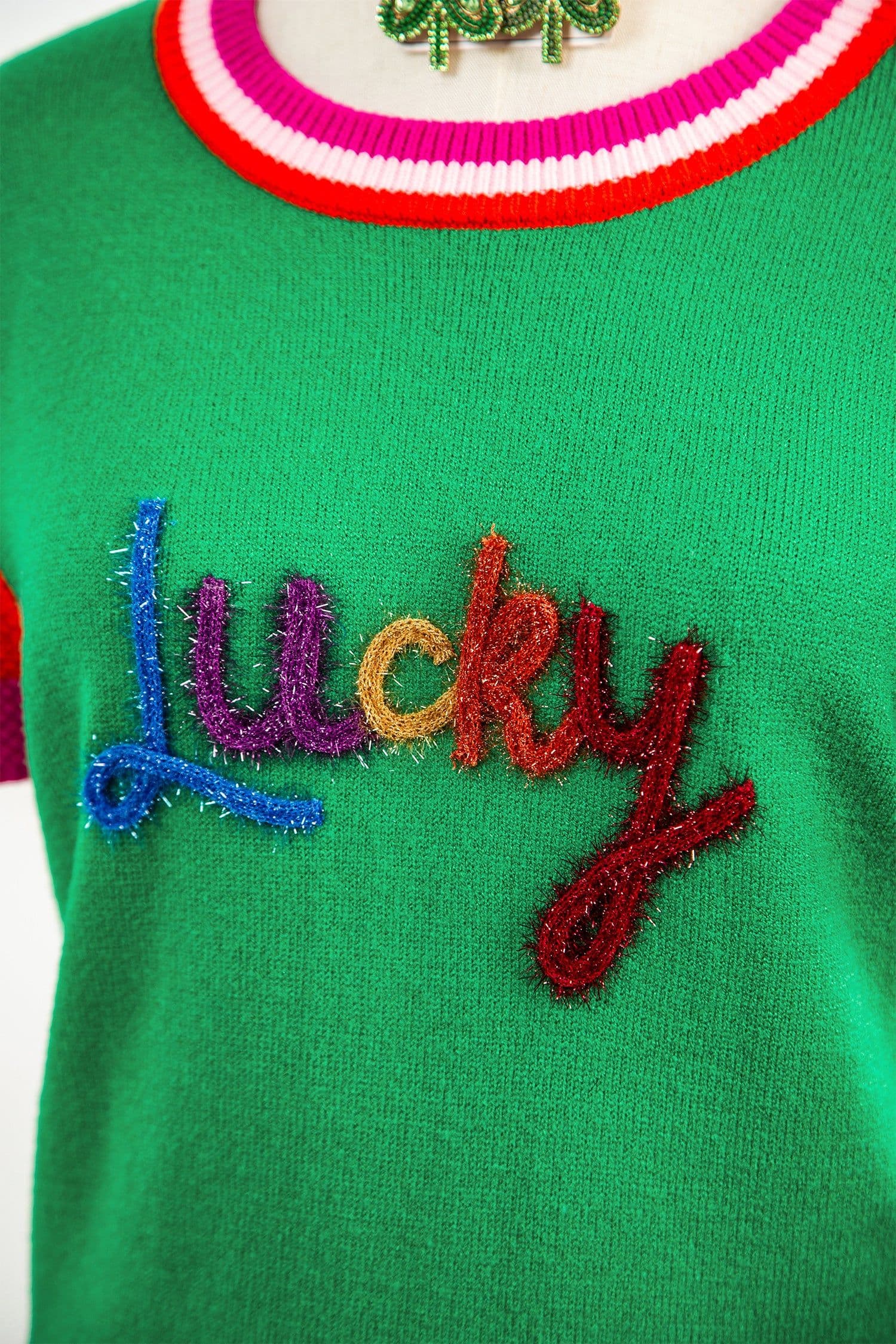 image-Bright Green Shiny Lucky Striped Flutter Sleeve Round Neck Sweater